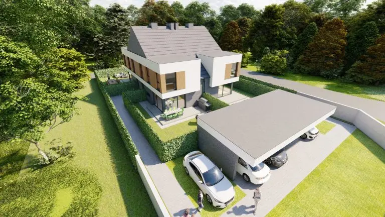 Wizualizacja frontu budynku wraz z garażami osiedla Bliźniaczy Zakątek
