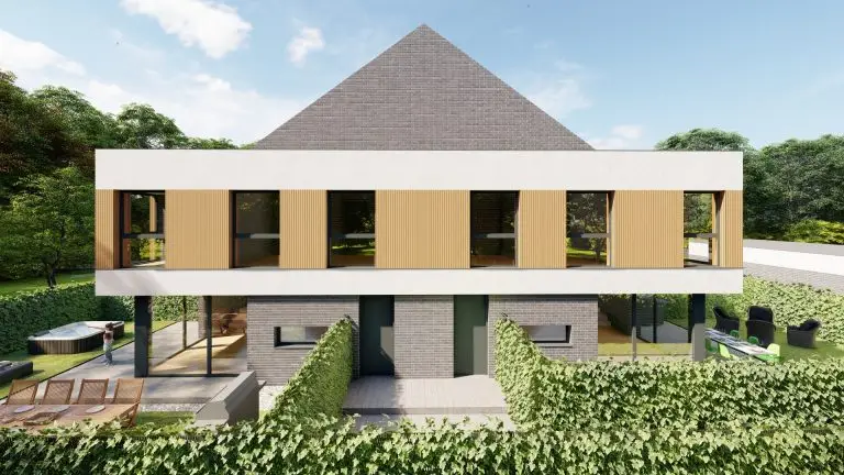 Wizualizacja boku budynku wraz z wejściem osiedla Bliźniaczy Zakątek