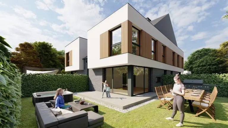 Wizualizacja mieszkania tylnego z zewnątrz osiedla Bliźniaczy Zakątek