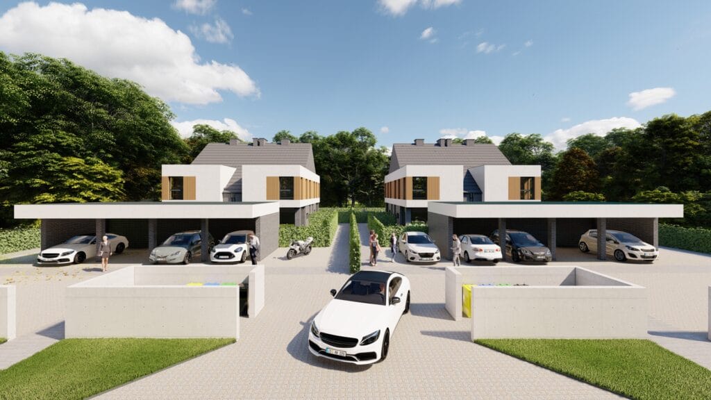 Wizualizacja dwóch mieszkań i garaży z frontu