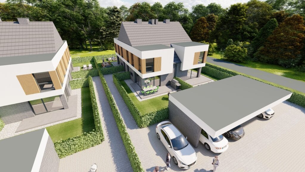 Wizualizacja mieszkania frontu z góry w Inwestycji Bliźniaczy Zakątek