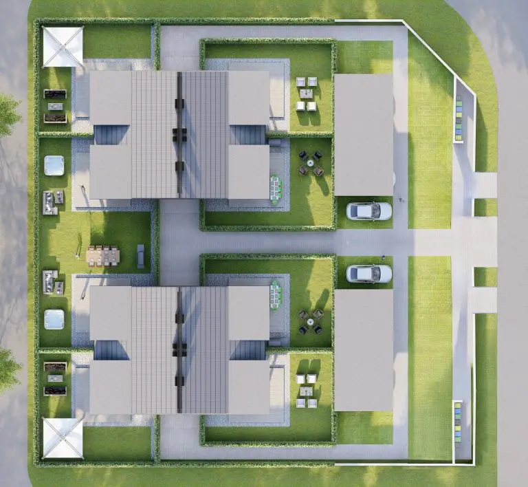 Zrzut z góry budynków osiedla Bliźniaczy Zakątek